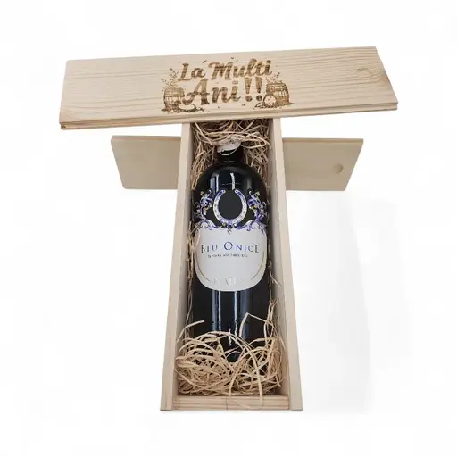 Pachet Cadou Cutie Lemn Personalizata Vin Rosu Nativ Blu Onice Aglianico