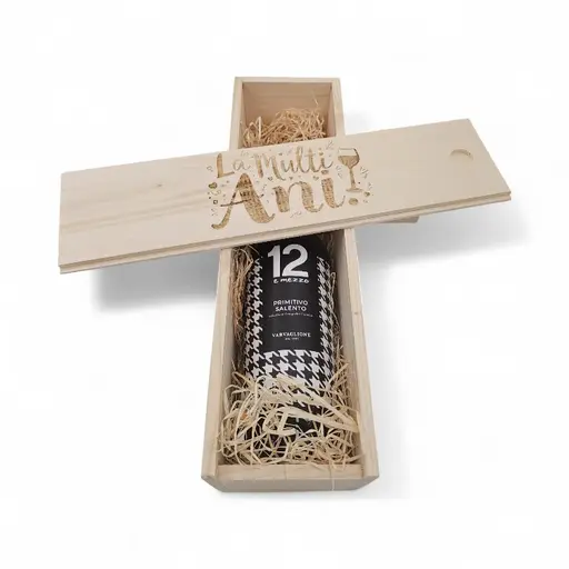 Cadou Cutie Lemn Personalizata Vin Rosu Sec Varvaglione 12 e Mezzo Primitivo del Salento