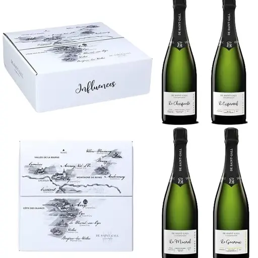Pachet cadou De Saint Gall, 4 x Sampanie Alba Cuvee Brut Cuvee Influences, Grand Cru, Premier Cru, Pinot Noir, Chardonnay