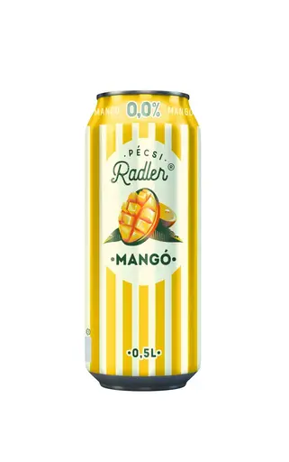 Bere blonda fara alcool cu aroma de mango Pecsi Radler, doza
