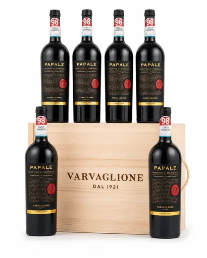 Varvaglione Papale Linea Oro Primitivo Di Manduria Cutie de Lemn 6 Sticle