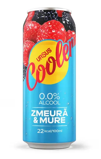 Bere blonda fara alcool Ursus Cooler cu aroma de zmeura si mure, doza