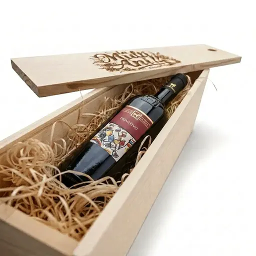 Pachet Cadou Cutie de Lemn Personalizata Vin Rosu Primitivo