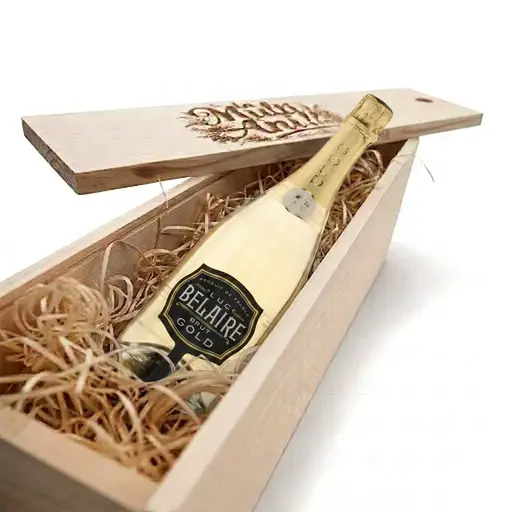 Pachet Cadou Cutie Lemn Personalizata Vin Spumant Gold LED